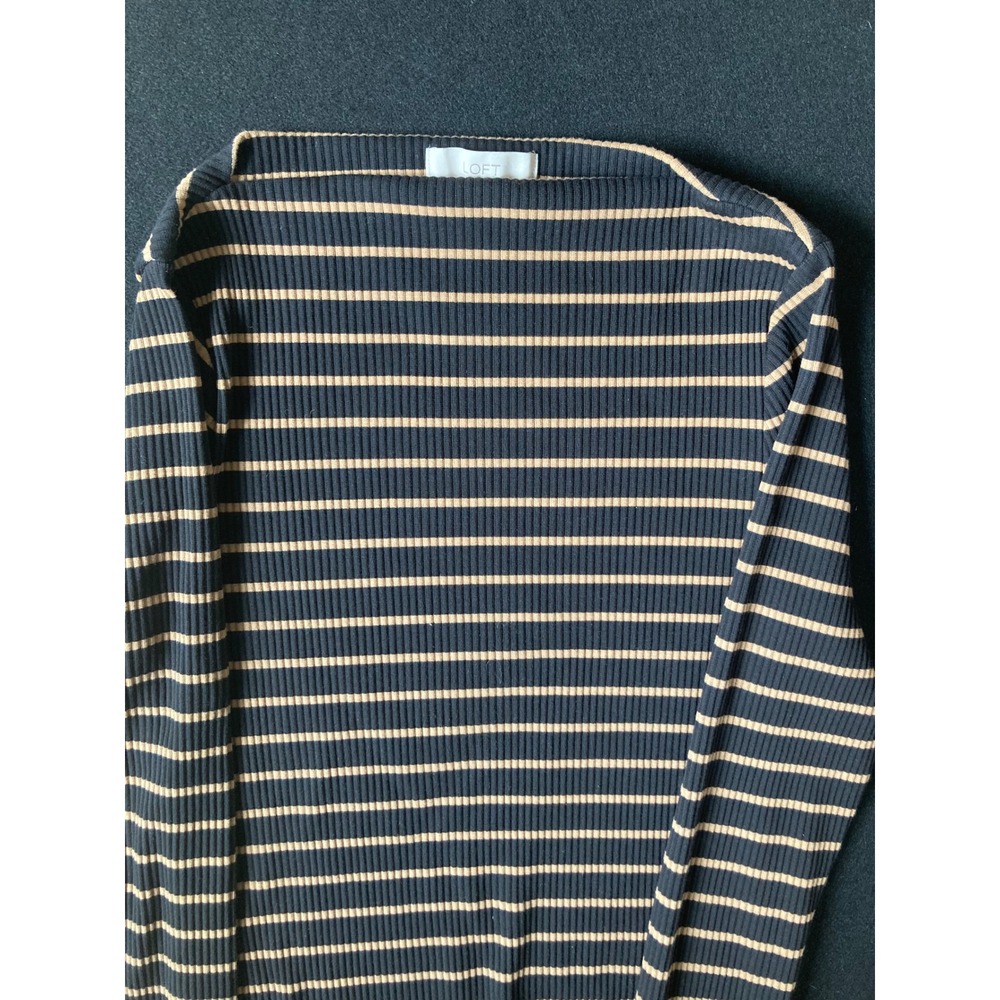 LOFT Womens XL Black Tan Striped Ribbed Knit Boat Neck Long Sleeve‎ Top